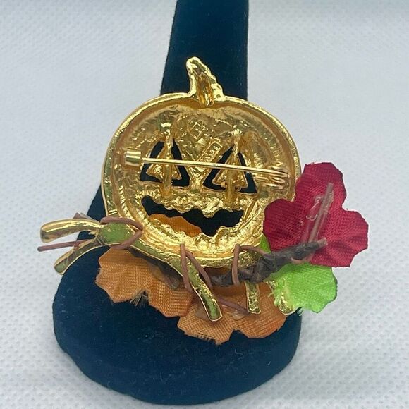 Vintage Gold Jack-O-Lantern Fall Halloween Crystal Pumpkin Brooch Pin - Picture 4 of 5